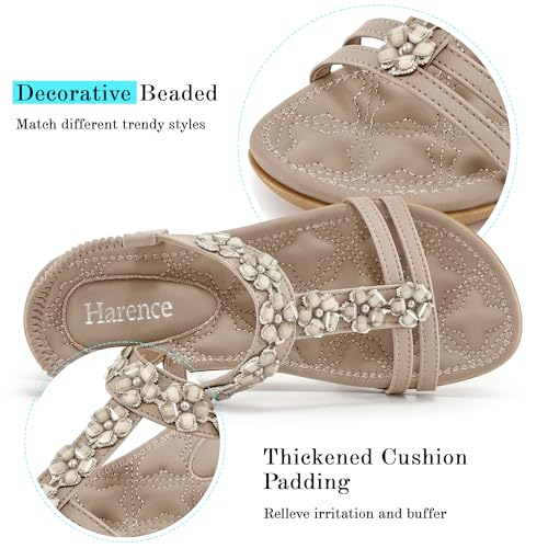 Image of HARENCE Summer Flat Sandals for Women: Comfortable Bohemian Beaded Flats Shoes Elastic Ankle Strap Casual Walking Slip On Dress Sandal