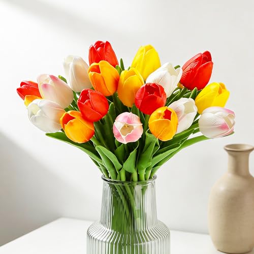 XIANNVXI 20pcs 5 Colours Artificial Tulips Artificial Flowers Faux Fake Tulips That Look Real Decorative Realistic Silk Spring Flowers for Indoor Home Office Farmhouse Decor DIY Bouquet 14 Inch