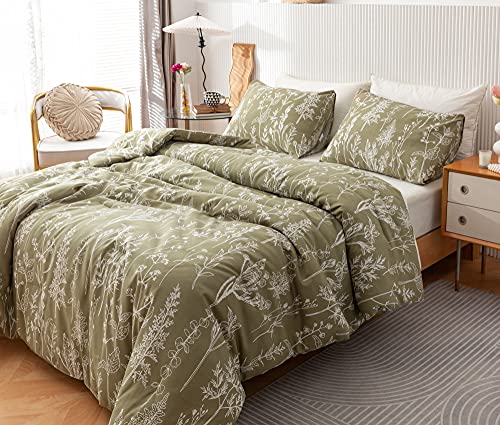 Janzaa 3 Pieces Queen Size Floral White Botanical Printed On Qlive Geen Duvet Cover Soft Bed Cover With Zipper Closure 4 Ties All Season Using(2 Pillow Cases) #TOP1