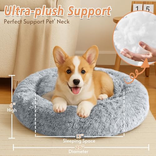 JOLLYVOGUE Calming Dog & Cat Bed for Small Dogs, Anti-Anxiety Donut Cuddler Cozy Soft Round Bed with Anti-Slip Bottom, Fluffy Faux Fur Plush Cushion Beds for Small Medium Dogs (20") - Image 5
