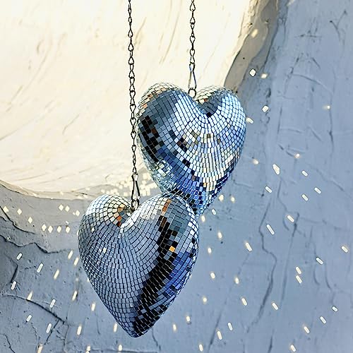 RGZOCT Disco Balls 2 Pack Silver Heart-Shaped Stage Mirror Balls Hanging Decor for Party, Room, Wedding, Garden, Retro Reflective Disco Ball Handmade Gifts (6.3 inch)