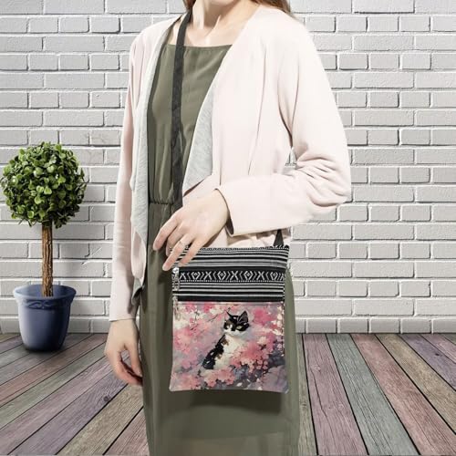 Sakura Cat Messenger Bag Small Ethnic Pattern Printed Adjustable Strap Crossbody Zipper Bag Sakura Cat Phone Bag Wallet Cute Shoulder Handbag for Women3