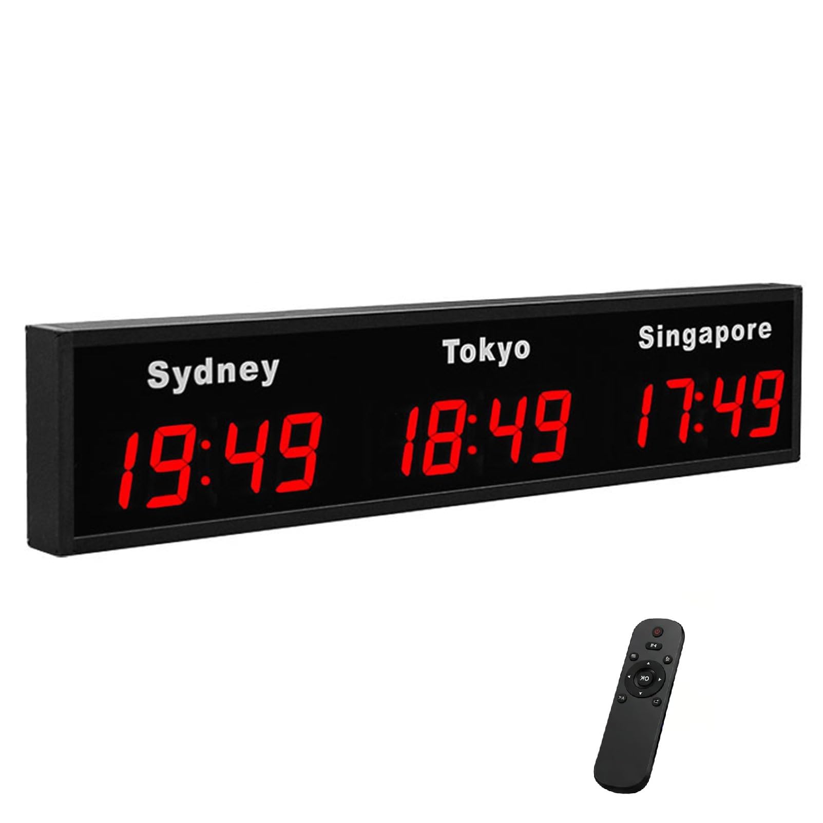 Orologio digitale multi fuso orario con telecomando, display per ufficio, hotel, aeroporto, sala conferenze, nome 4 città, utile per imprese multinazionali