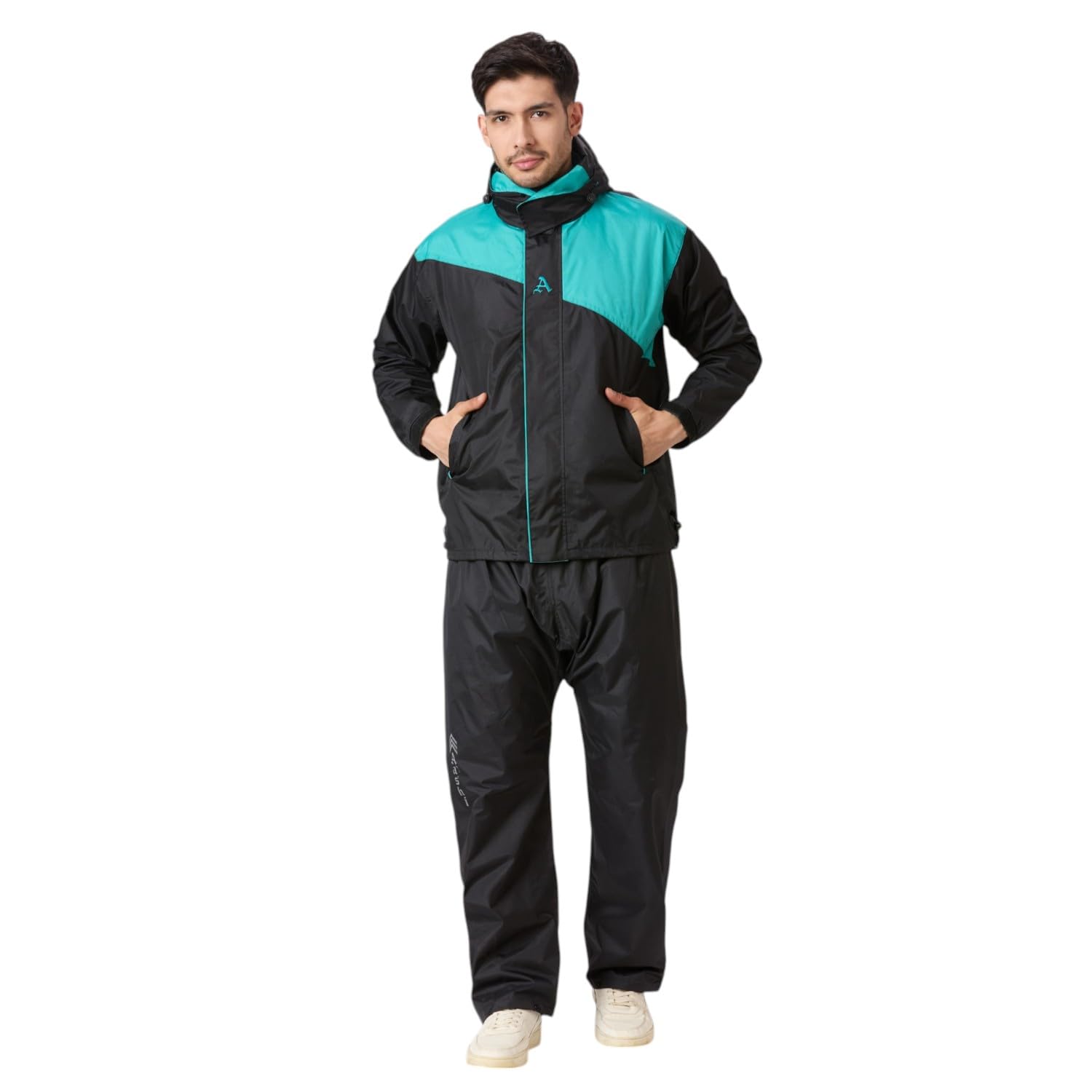 Men's Waterproof Raincoat Suit – Heavy Duty Hooded Rain Jacket and Pants, Double Layer Zipper Protection, Windproof Bike Riding Rain Gear (IN, Alpha, 2XL, Regular, BLACK+RAMA GREEN)-image-15