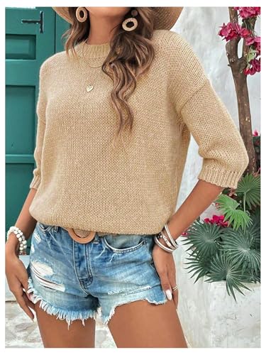 GORGLITTER Women's Short Sleeve Cropped Sweater Tops Crew Neck Knitted Pullover Top2