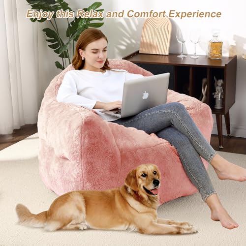 Image of GarveeHome Bean Bag Chair with Filler, 51 inch Giant Bean Bag Sofa for Adults Kids, Soft Cozy Large Beanbag Sofa Chair with Armrests for Living Room Bedroom, Pink