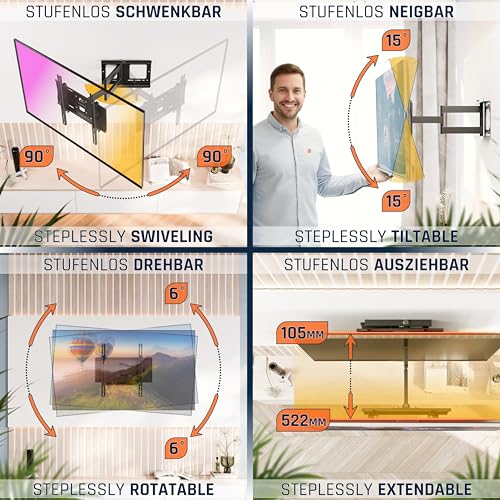 RICOO R23-S TV Wandhalterung Schwenkbar für 40-75 Zoll Fernseher Halterung Neigbar Schwenkarm Fernsehhalterung für Wand Flach Smart OLED Curved Wand-Halter Fernseh-Arm bis 95-Kg & VESA 400 x 400 – Bild 4