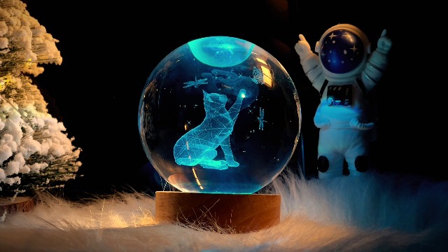 PYMIN3D 3D Crystal Cat Ball Night Light 3.15in K9 Lamp With 16