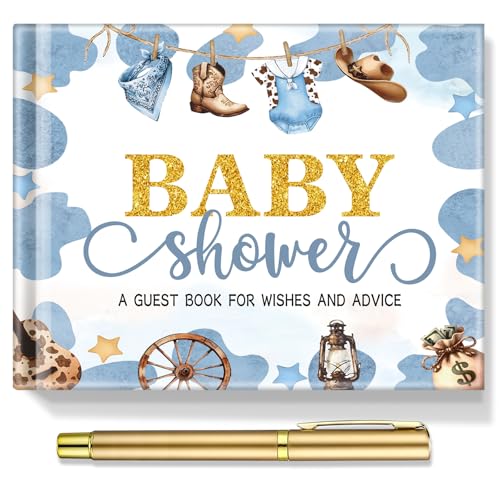 Image of Fuyoooo 27 Pcs Baby Shower Guest Book Baby Shower Sign in Guest Book Reception with Sonogram Page Keepsake Includes Gold Pen Table Card and Adhesive Photo Corner for Birthday(Western Cowboy)