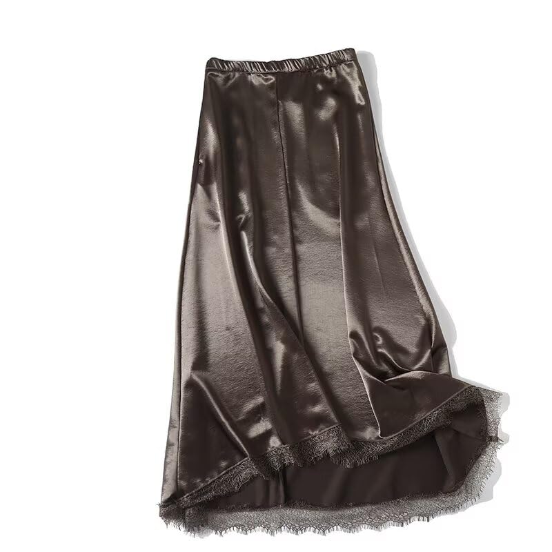 Minimalist Women's Satin Midi Half Skirt Lace Half Skirt Splicing French Elegant High Waist Half Skirts Women2