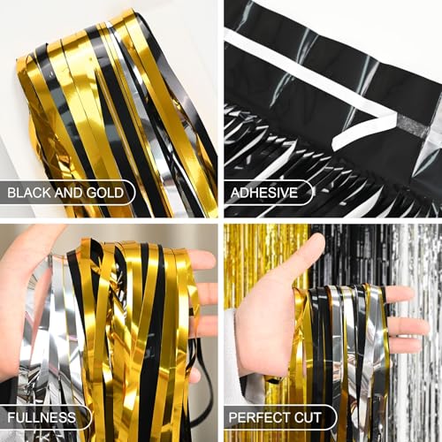 Image of Black Gold Silver Metallic Tinsel Foil Fringe Curtains, 2 Pack 3.3x6.6 ft Black and Gold Party Decorations, Tinsel Party Streamers Backdrop for Birthday Baby Shower Graduation New Year Decor