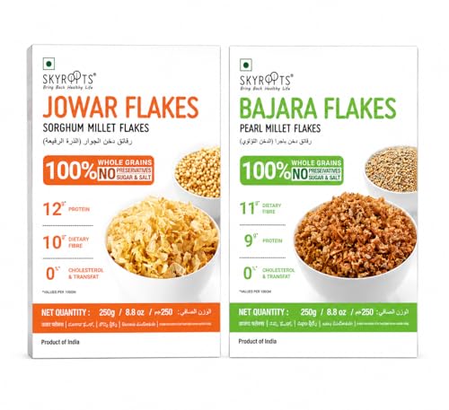 Image of SkyRoots Jowar Flakes & Bajra Flakes Combo 500g - Millet Cereal | Healthy Breakfast Cereal | No Added Sugar | High Fiber | Sorghum Flakes | Pearl Millet Flakes | Ready to Eat Snack | Pack of 2 ( Each 250g)