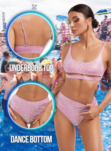 Glitter Rave Outfits for Women - Music Festival Metallic EDM Holographic Swimsuit Sexy Underboob Top Dance Bottom2