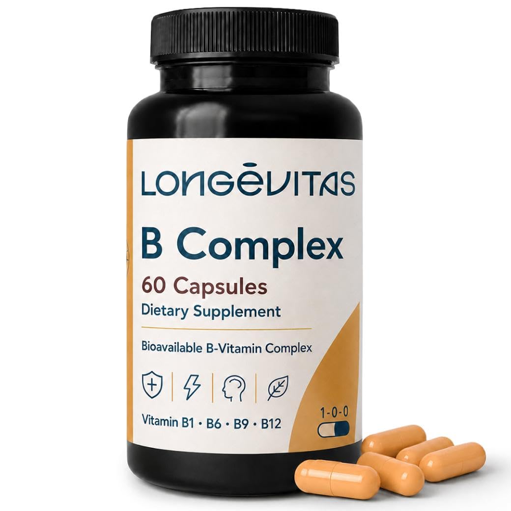 Longévitas Complejo Vitamínico B, Metilcobalamina y 5-MTHF, 2 Meses | Energía, sistema nervioso y concentración mental, Piel, cabello y uñas, España, ISO9001 y BRC Food