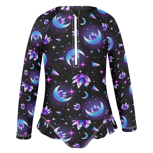 Wusikd Girls Long Sleeve Swimsuit Months Crystals One Piece Bathing Suit Zipper Black Sky Swimwear Sun Protection 5-6T2
