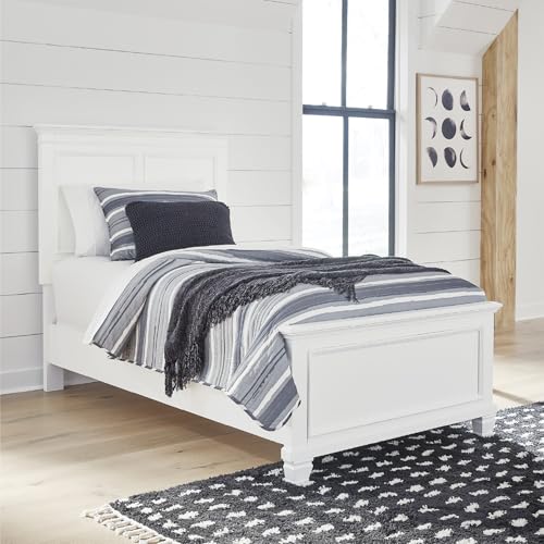 Image of Signature Design by Ashley Kids White Twin Panel Bed, Headboard & Footboard | Solidly built wood and MDF frame, Youth bedroom use, Smooth painted finish, Adjustable base compatible, Fortman Series