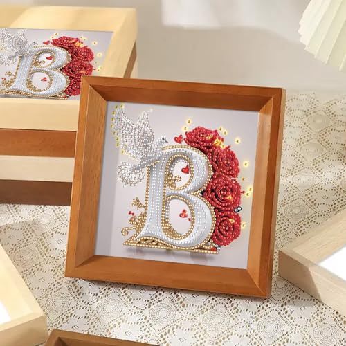 Image of AiYuanzsh Floral 5D Diamond Art Kit Letter B, Elegant Rose & Dove Alphabet Diamond Painting Kit for Adults, DIY Crystal Rhinestones Gem Art Craft for Home Decoration 17x17cm