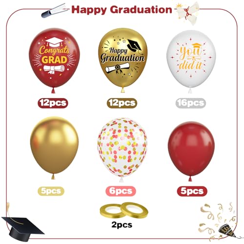 Image of Burgundy and Gold Graduation Balloons Graduation Decorations 2026, 60Pcs Print Congrats Grad Balloons, Maroon Gold Confetti Latex Balloon, Class of 2026 Grad Party Decorations for College High School