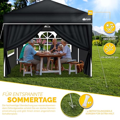 tillvex Paviljoen, 3 x 3 m, waterdicht, pop-upvouwtent, in hoogte verstelbaar, tuintent, uv-bescherming 50+, partytent met tas (zwart, met 4 zijpanelen) - Afbeelding 4