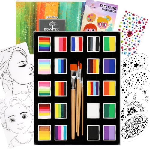 Bowitzki 21 Color Split Cake Face Paint Set Professional Face Painting Kit Kids Adults 10g One Stroke Stencil Brush Practice Board Guide Book Non Toxic Rainbow...