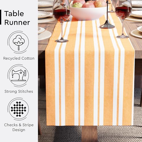 Image of Encasa XO Cotton Table Runner for 2 to 4 Seater | Size 13x48 in | Franca Yellow Stripes - Machine Washable & Durable