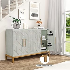 HLR 48" Accent Cabinet with 4 Doors and Shelves, Modern Credenza Storage Cabinet with Gold Trim, Green Buffet Cabinet for Living Room, Kitchen, Dining Room, Hallway HLR 48 Accent Cabinet with 4 Doors and Shelves Modern Credenza Storage Cabinet with Gold Trim Green Buffet Cabinet for Living Room Kitchen Dining Room Hallway