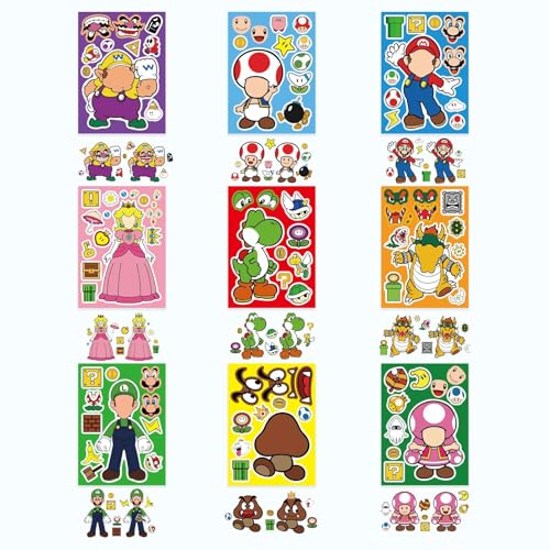 Image of 36 Sheets Mario Make a Face Stickers, Cartoon Book Crafts, DIY Party Supplies Favors Your Own Mixed and Matched with Different Designs Characters Birthday Gifts Class Reward Decor, Recommended Age 13