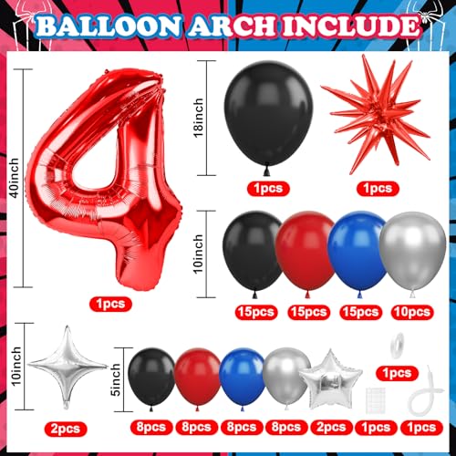Dagelar 4Th Spiderman Birthday Balloons Decorations, Spiderman Balloon Arch Kit With Royal Blue Black Red Silver Balloons, 40 Inch Red Number 4 Balloon Tower, Star Foil Balloons For Boys Superhero Theme Party thumb #1