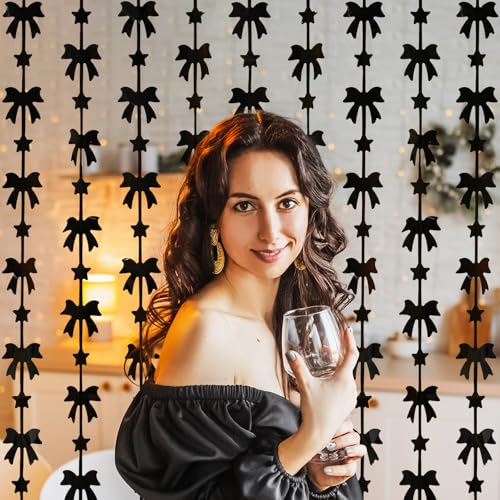 Image of Menstarsi Bow Foil Fringe Curtains, Black Bow Birthday Backdrop, 2 Pack | Bow Party Decorations Black Birthday Party Supplies Photo Booth Props Streamers for Bachelorette Girl Baby Shower Party Decor