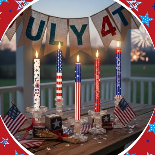 Image of Aurelema 6 Pcs 4th of July LED Flameless Candle Set 250th Anniversary Patriotic Taper Candles Battery Operated with Remote God Bless American USA Flag Candles for Independence Day Decor Party Favors