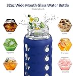 MUKOKO 32oz Glass Water Bottles with 2 Lids-Handle Spout Lid&Bamboo Straw Lid, Motivational Water Tumbler with Time Marker Reminder and Silicone Sleeve, Leakproof-Blue-1 Pack - Image 5