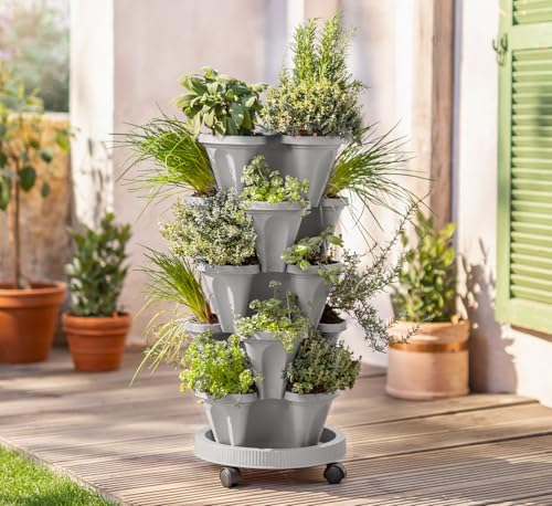 Kopp Rottenburg Pflanzturm 5er-Set mit Rollen stapelbares Pflanzsystem mit Abflusssystem für Balkon Terrasse und kleine Flächen