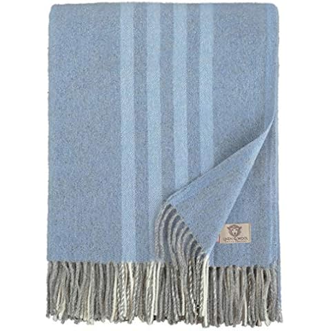 Linen & Cotton Luxus Warme Decke Wolldecke Merino Wohndecke Kuscheldecke Venice mit Streifen Muster - 100% Weicher Merinowolle, Blau/Grau Cover