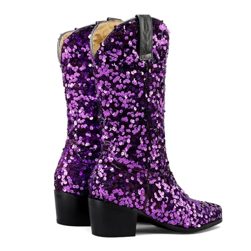 KIKIVIVI Women's Glitter Sequin Mid Calf Boots: Snip Toe, Chunky Block Heel, Sparkly Cowboy Cowgirl Boots for Women - Black3