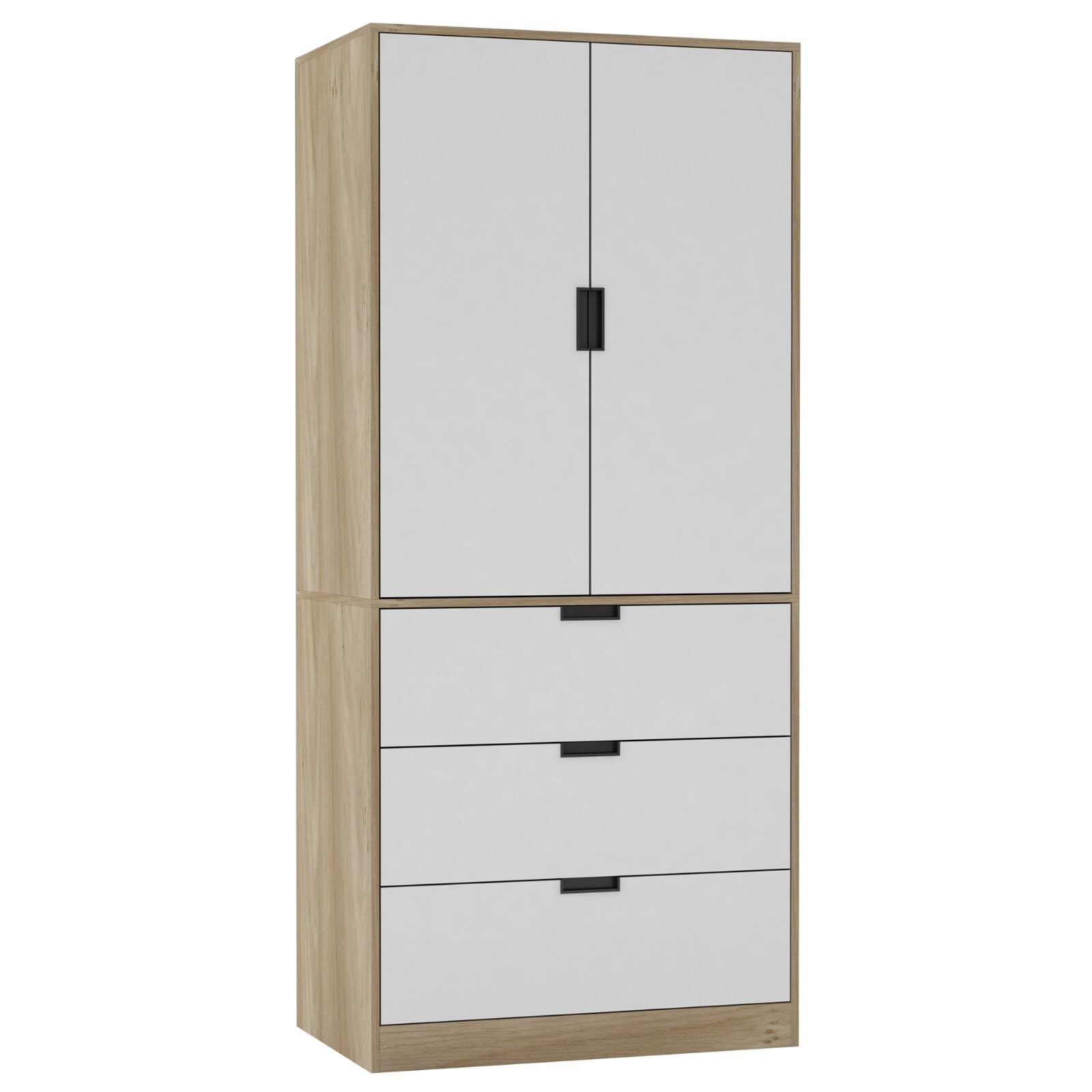 URBNLIVING Modern 2 Door Wardrobe with 3 Drawers & Hanging Rail, Stylish Freestanding Storage, Spacious Interior, Durable Chipboard Build, Easy to Assemble Bedroom Furniture