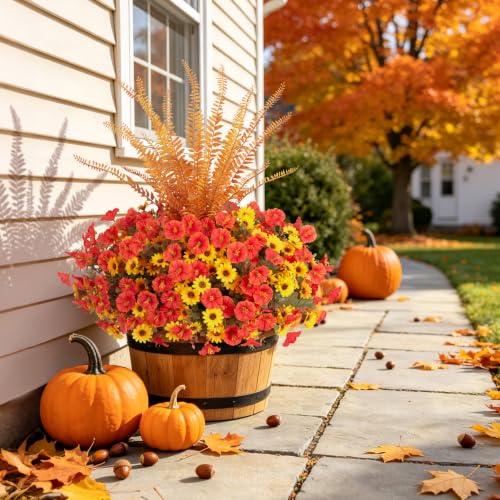 Image of Artificial Fall Mums Flowers Fake Plants for Outdoors Decoration