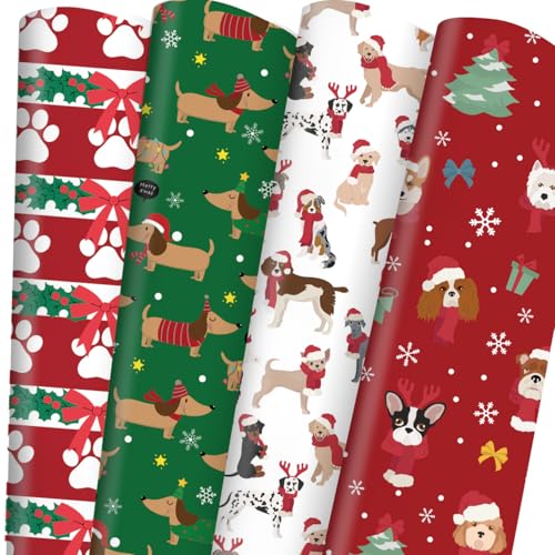 Adurself 28 x 40 In Christmas Wrapping Paper Red Green Christmas Dog Paw Prints Stocking Assorted Design Folded Flat Gift Wrap Paper - 6 Jumbo Sheets for Xmas Winter Holiday Birthday Party Celebration