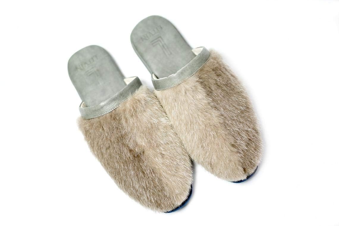 Mens house shoes leather slippers gray home slippers natural color fur of nutria