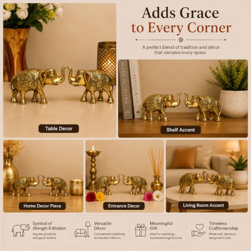 Image of Metal Elephant Statue Gold Polish 2 pcs Set for Home Decor Gift Items