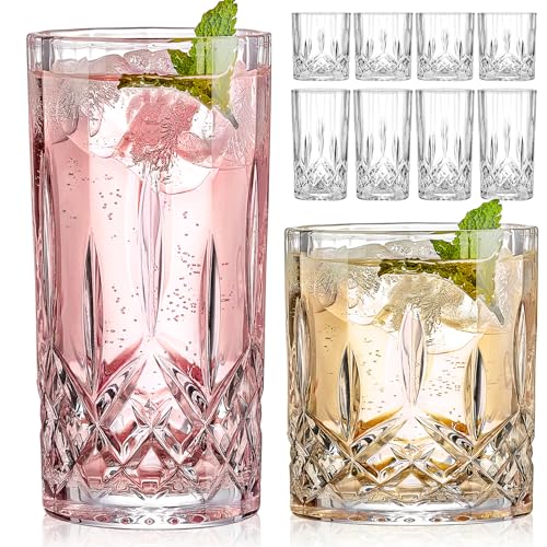 Drinking Glasses, 8 Piece Crystal Glass Cups, Mixed Glassware Set, 4 pcs Crystal Old Fashioned 11oz Highballs and 4 pcs 11oz Whiskey Glasses, Great for Cocktail, Whisky and other Beverages