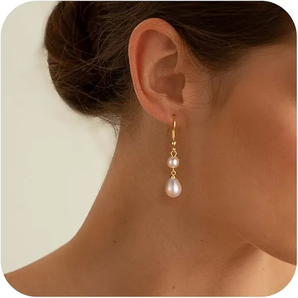 Freekiss Pearl Earrings for Women Trendy: Flat Back Stud Earrings 14K Gold Plated/925 Sterling Silver Freshwater Pearl Dangle Earrings Cute Bow Earrings Wedding Jewelry Birthday Gifts for Women Girls