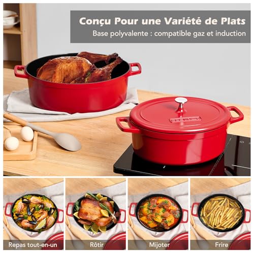 Cocotte Fonte Induction 11 litres 38cm Ovale Faitout en Fonte d’Aluminium avec Revêtement Céramique Antiadhésif, Marmite avec Couvercle, Idéale pour les Grandes Familles, Four et Gaz, Rouge – Image 4