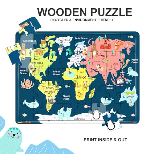 Image of Fiddlys 40 Pcs Paperless Wooden Jigsaw Puzzle for Kids & Children Age 4+ Learning Educational Double Layered Wooden Puzzles with Bright Front & Back Print (World Map)