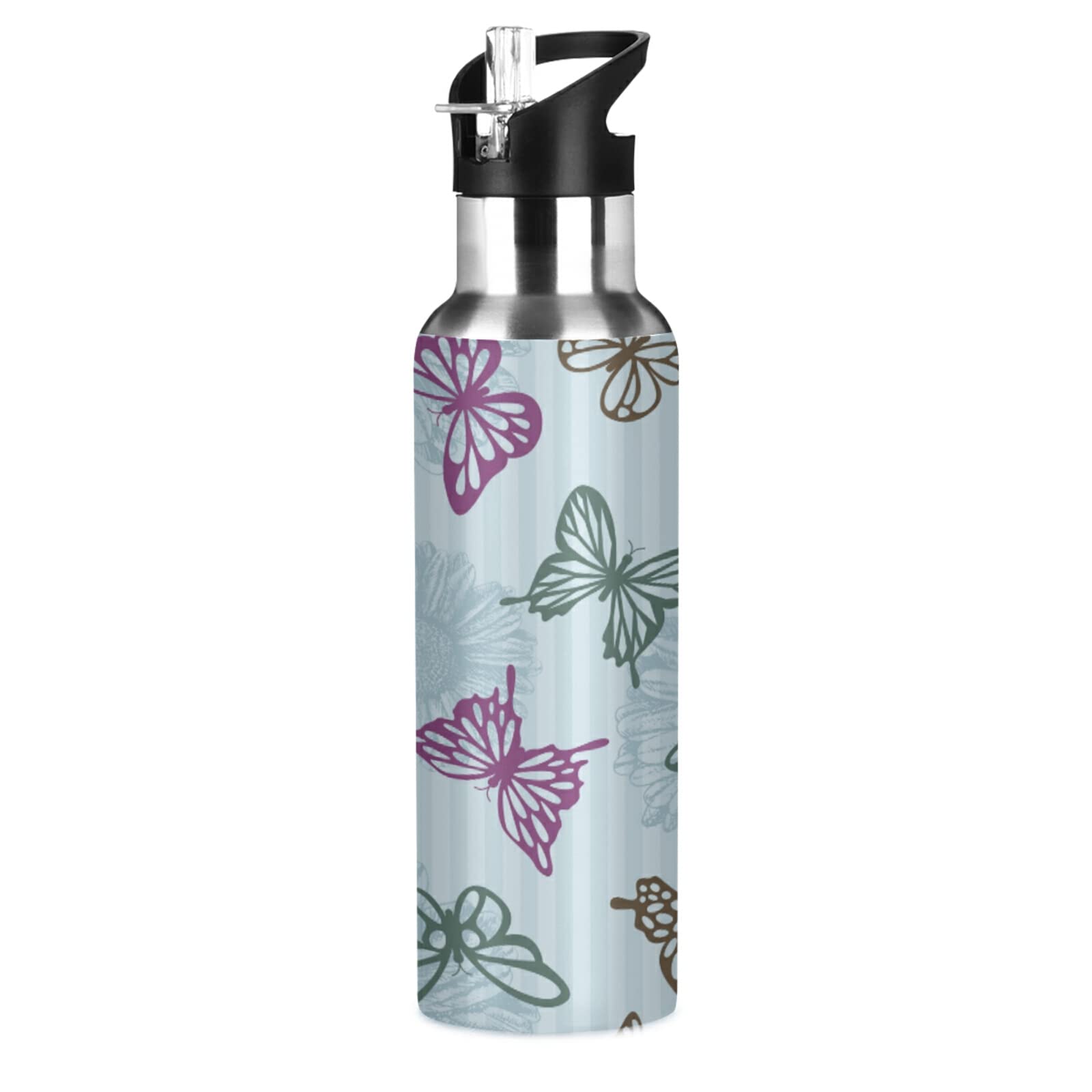 Gourde Isotherme Wzzzsun 600 Ml – Acier Inoxydable 18/8, Double Paroi – Paille Intégrée, BPA-free – Maintient Chaud 12h, Froid 24h – Motif Papillon Rose