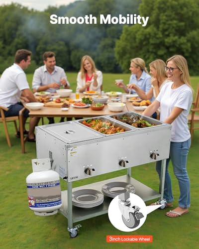 Image of VEVOR 3-Pan Commercial Propane Steam Table, LP Gas Outdoor Soup Warmer with Drain Valve and 3 inch Wheels, Stainless Steel Propane Food Warmer with Independent Temp Control, for Restaurant Outdoor Camping