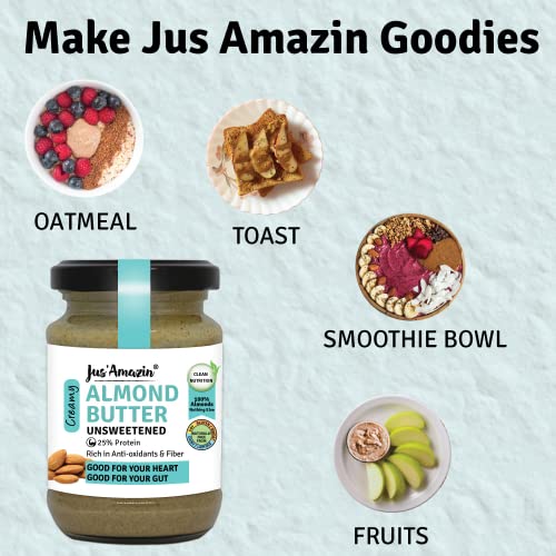 Image of Jus' Amazin Creamy Almond Butter - Unsweetened (125 g) Pack of 2 | 25% Protein | Only Whole Almonds (100% Pure) | Zero Additives | 100% Natural | Vegan | Dairy Free | Keto | Plant Based Nutrition | Clean Nutrition