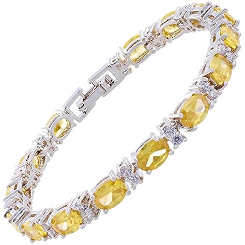 RIZILIA Oval Cut Simulated Yellow Citrine and White Cubic Zirconia 18K White gold Plated Tennis Bracelet, 7" Cover
