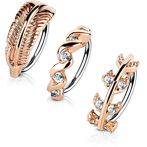 MoBody 3-Pack 20G Nose Ring Piercing Hoop Paved CZ Crawler Surgical Steel Cartilage Earring Set (8mm) (Rose Gold-Tone)