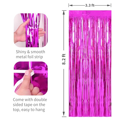 Image of 2 Pack Hot Pink Foil Fringe Curtains Streamers Party Decorations 3.3 x 8.2 ft, Tinsel Curtain Fringe Backdrop for Parties, Door Fringe Birthday Streamers, Photo Booth Backdrops, Party Decor