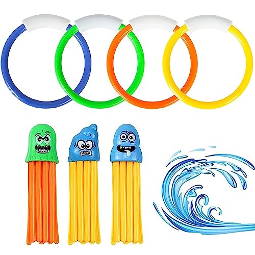 Kiuiom Juguetes para Nadar Bajo Agua, Juguetes de Buceo, Juguete Acuático para Piscina​, 4PCS Anillos de Buceo y 3PCS Pulpos de Buceo Juguetes de Piscina Entrenamiento Juego para Niños